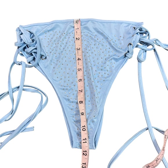 Baby Blue Rhinestone Cut Out Lace Up Long Sleeve Crop Top & Bottoms Rave Set - Picture 12 of 12